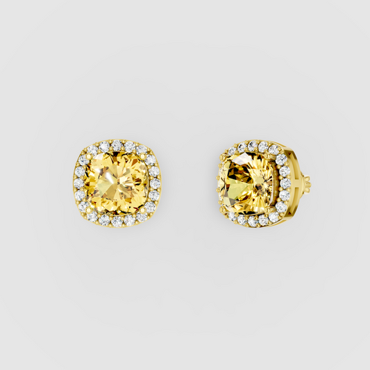 Donna - Solid 18K Gold Cushion Yellow Sapphire with Moissanite Halo Earrings"