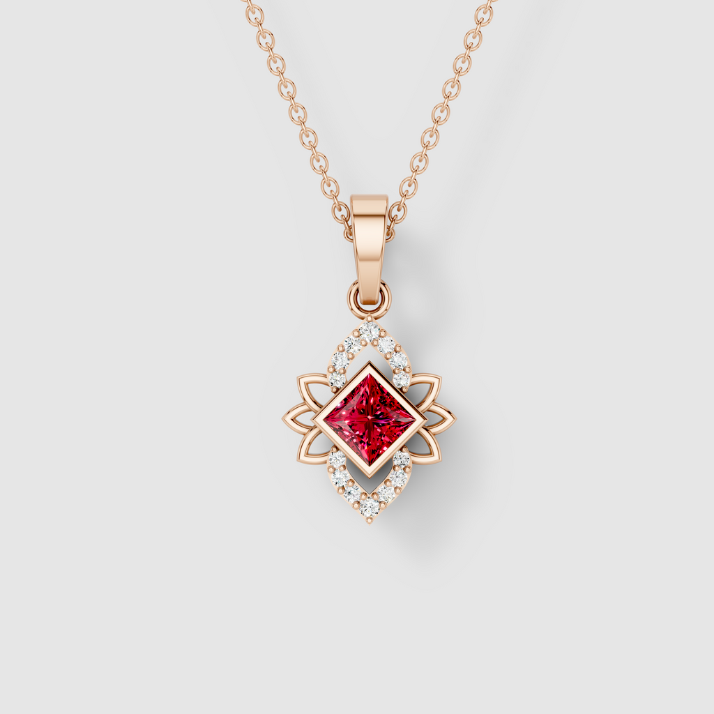 Nicole - Solid 18K Gold Princess-Cut Red Garnet & Moissanite Starburst Pendant"