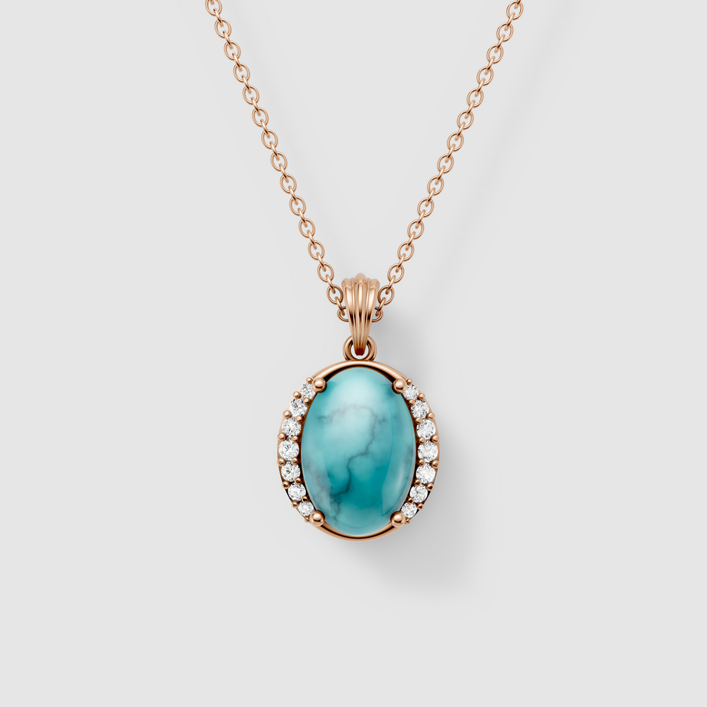 Mary - 18K Gold Oval Turquoise (Firoza) Pendant with Moissanite Accents"