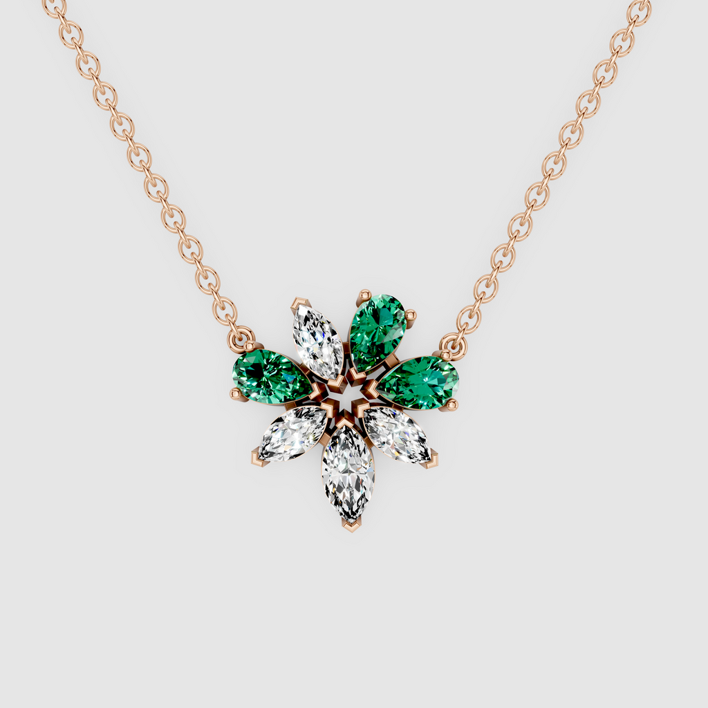 Blooming Chloe – Pear Cut Emerald & Marquise Moissanite Flower Pendant in 18KT Gold