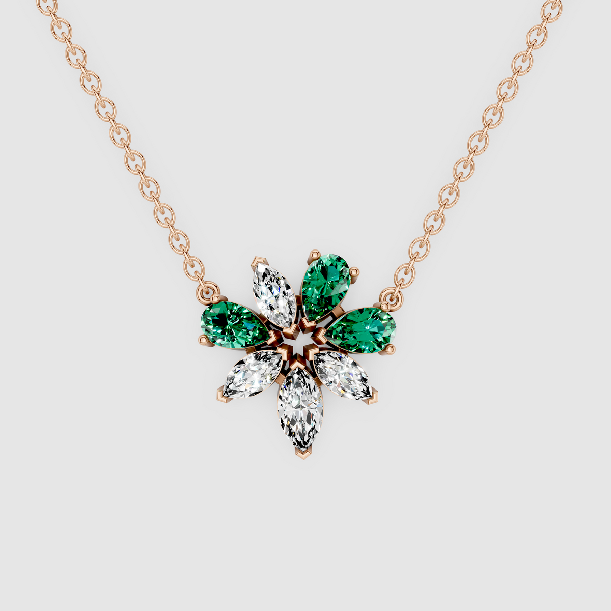 Blooming Chloe – Pear Cut Emerald & Marquise Moissanite Flower Pendant in 18KT Gold