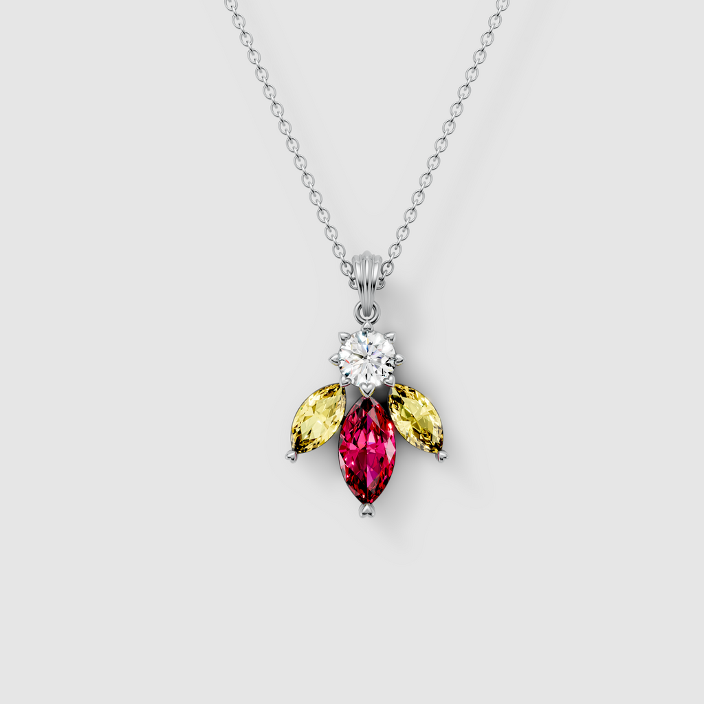 Elizabeth - Solid 18K Gold Marquise Ruby & Yellow Spinel Pendant with Moissanite"