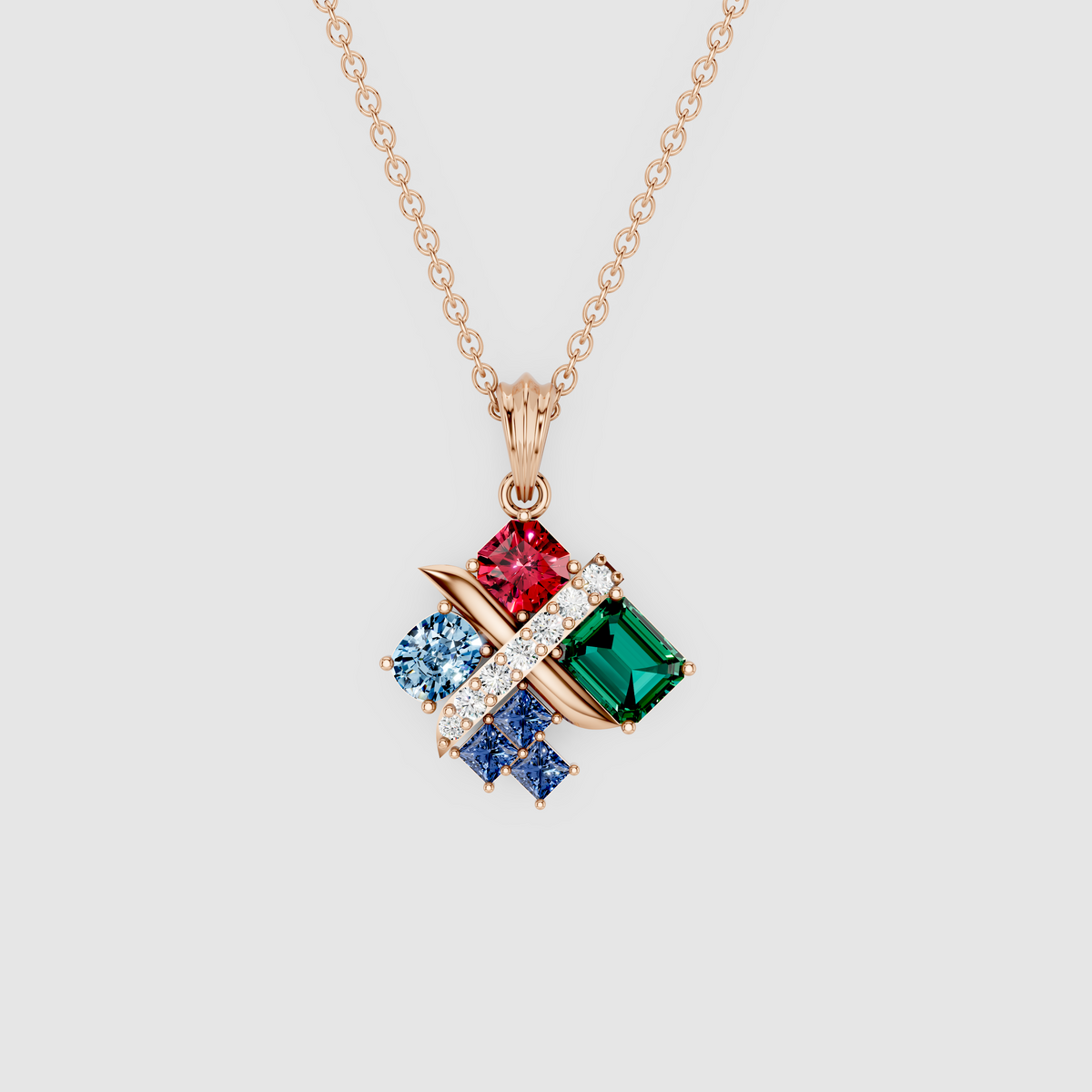 Iris – 18K Gold Multi-Gemstone Mosaic Pendant with Emerald, Ruby, Blue Sapphire, Sky Blue Topaz & Moissanite
