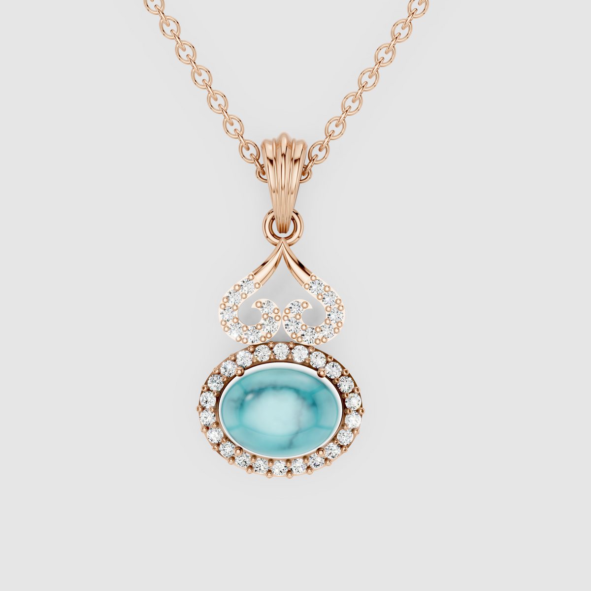 Jasmine – 18K Gold Oval Turquoise (Firoza) & Moissanite Halo Vintage Scroll Pendant
