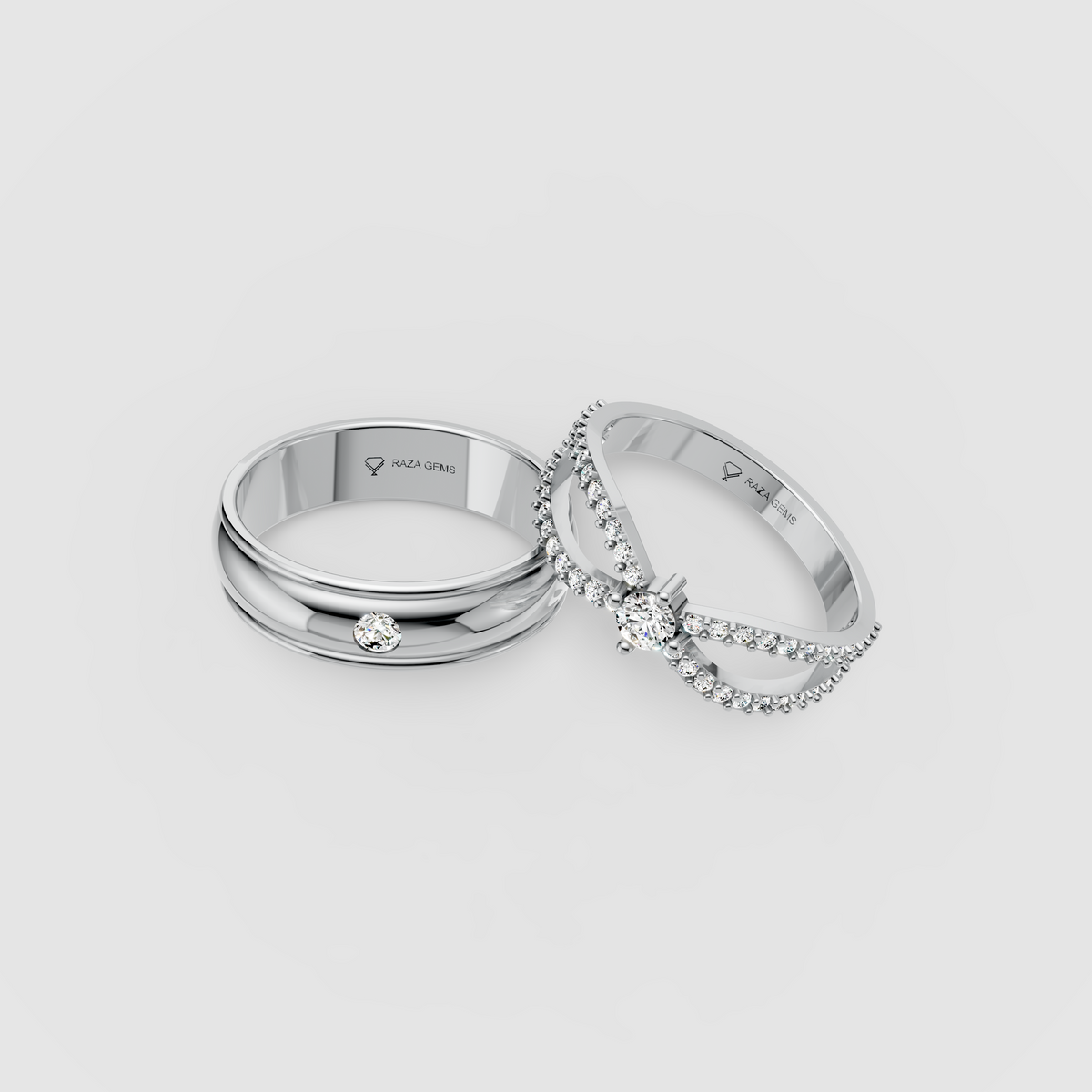 Delilah – 18K Solid Gold Moissanite Crossover Solitaire & Flush-Set Band Set