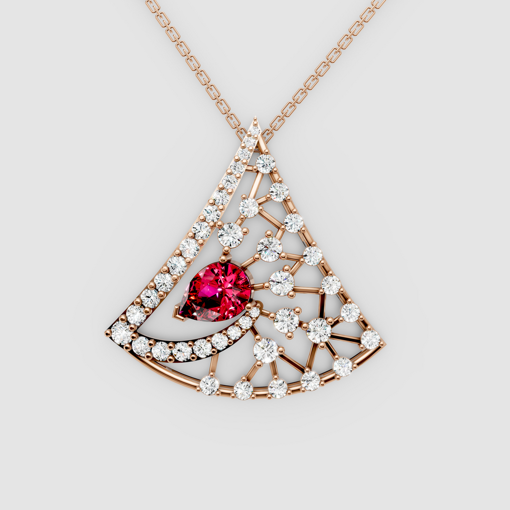 Aurora – Pear Ruby Solitaire Fan-Shaped Pendant with Moissanite in 18KT Gold