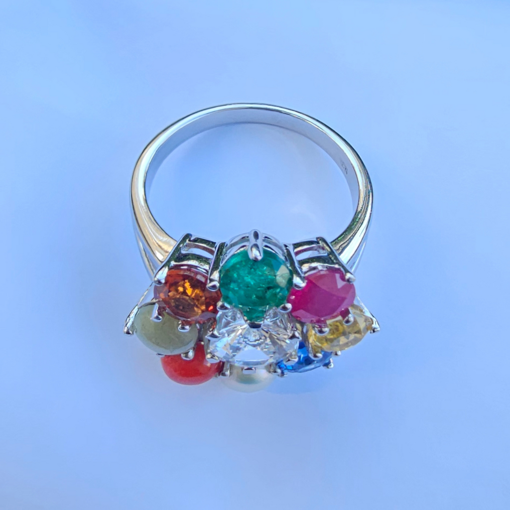 Navratna Ring in 18K White Gold for Men and Women
