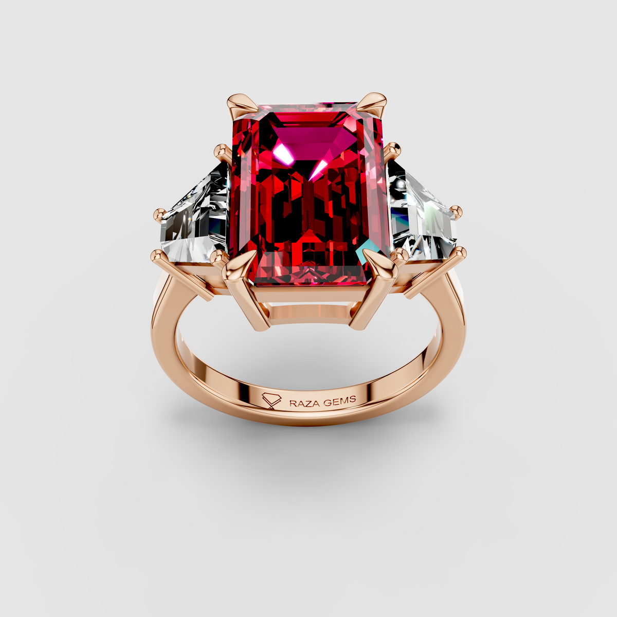 Olivia - 18K Gold Three-Stone Ruby & Moissanite Engagement Ring"