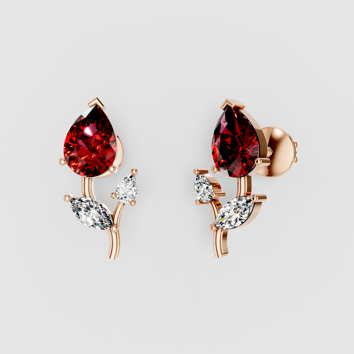 Laura - 18K Gold Red Spinel & Marquise Moissanite Stud Earrings"