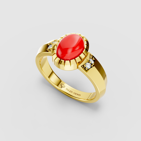 Myla – 18K Solid Gold Oval Coral & Moissanite Crown-Bezel Ring