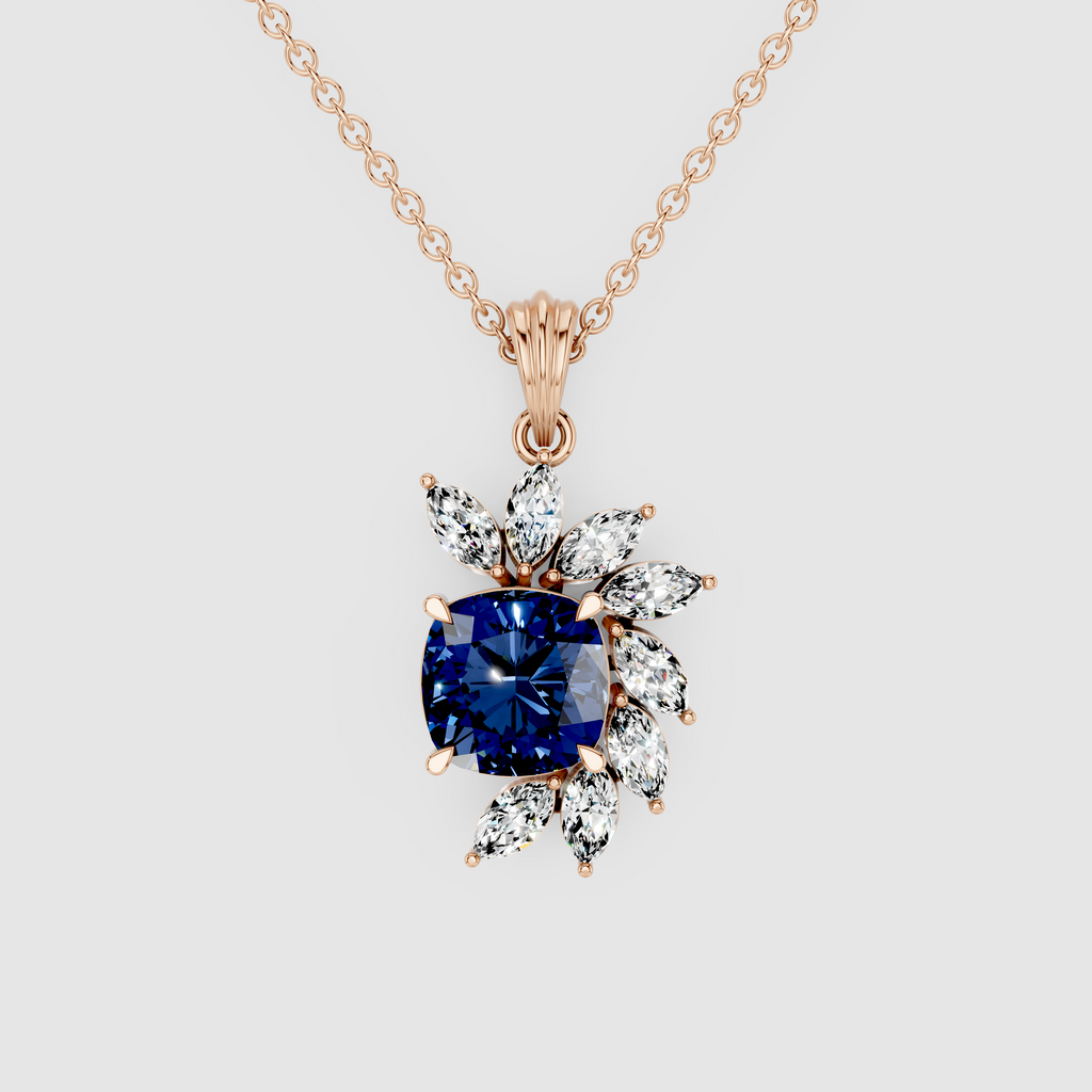 Diana – 18K Gold Cushion Blue Sapphire & Marquise Moissanite Cluster Pendant