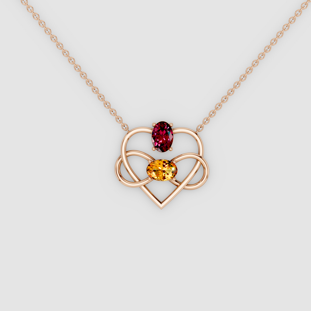 Eternal Embrace – 18K Gold Interlocking Infinity Heart Garnet & Citrine Pendant
