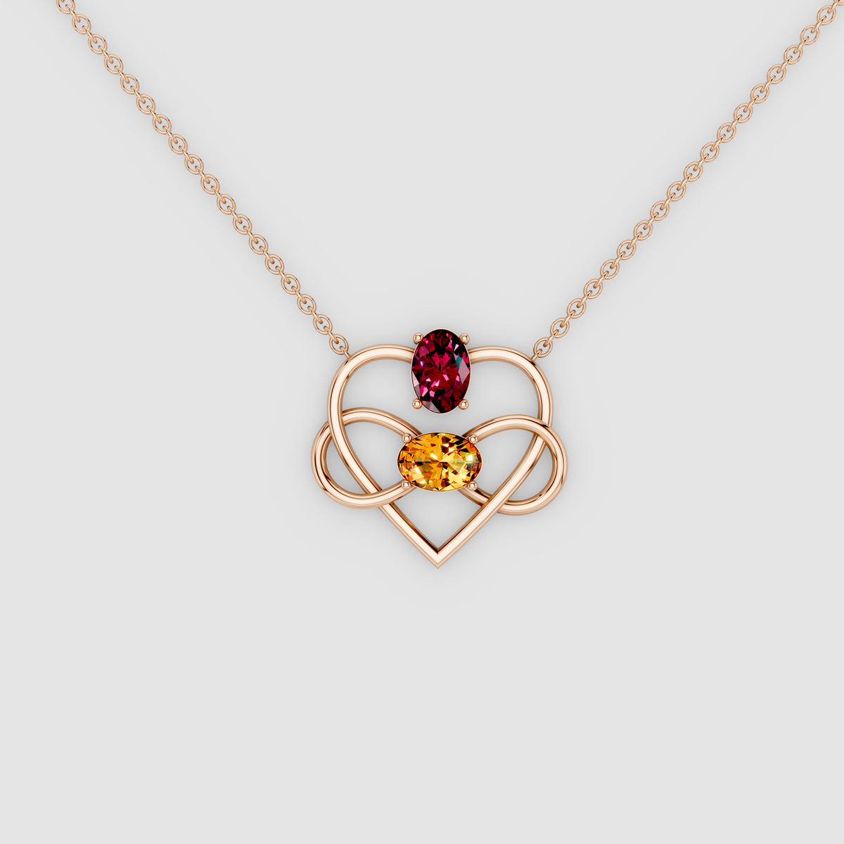 Eternal Embrace – 18K Gold Interlocking Infinity Heart Garnet & Citrine Pendant