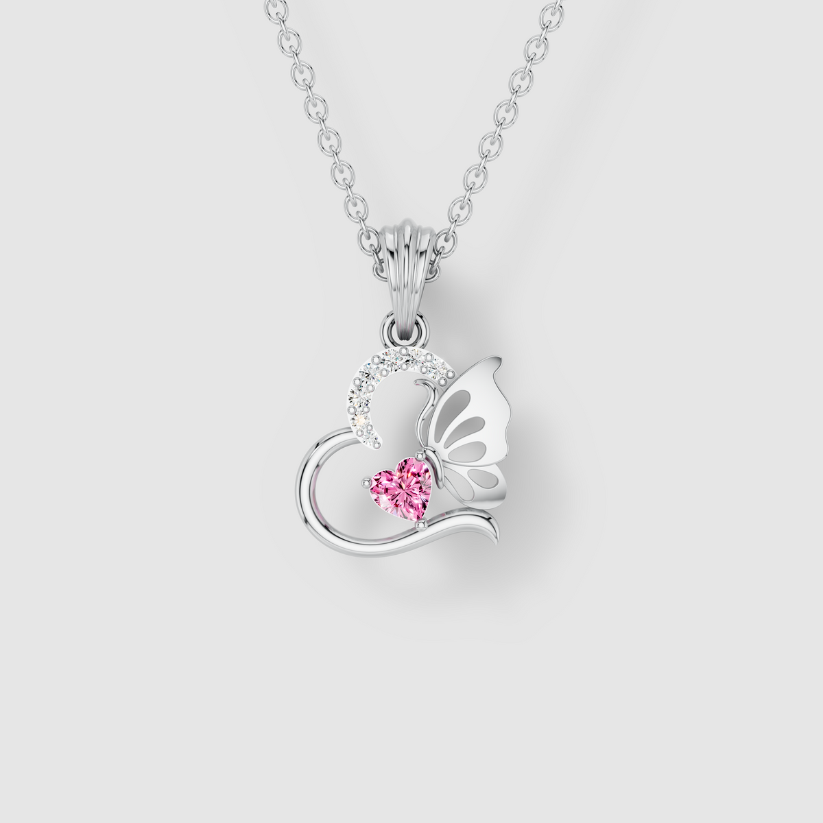 Samantha - Solid 18K Gold Heart-Cut Pink Topaz & Butterfly Drop Pendant"
