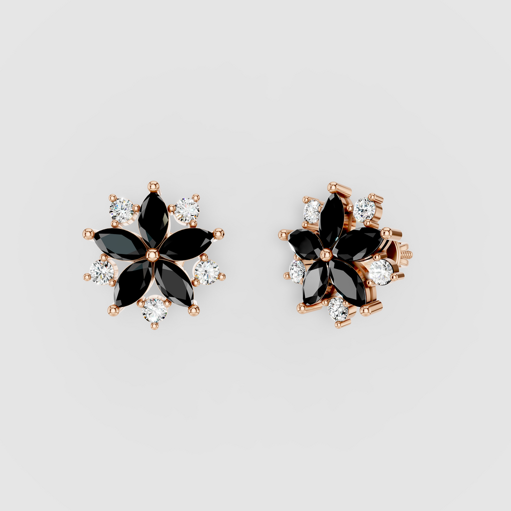 Susan - Black Spinel & Moissanite Flower Earrings in 18K Gold