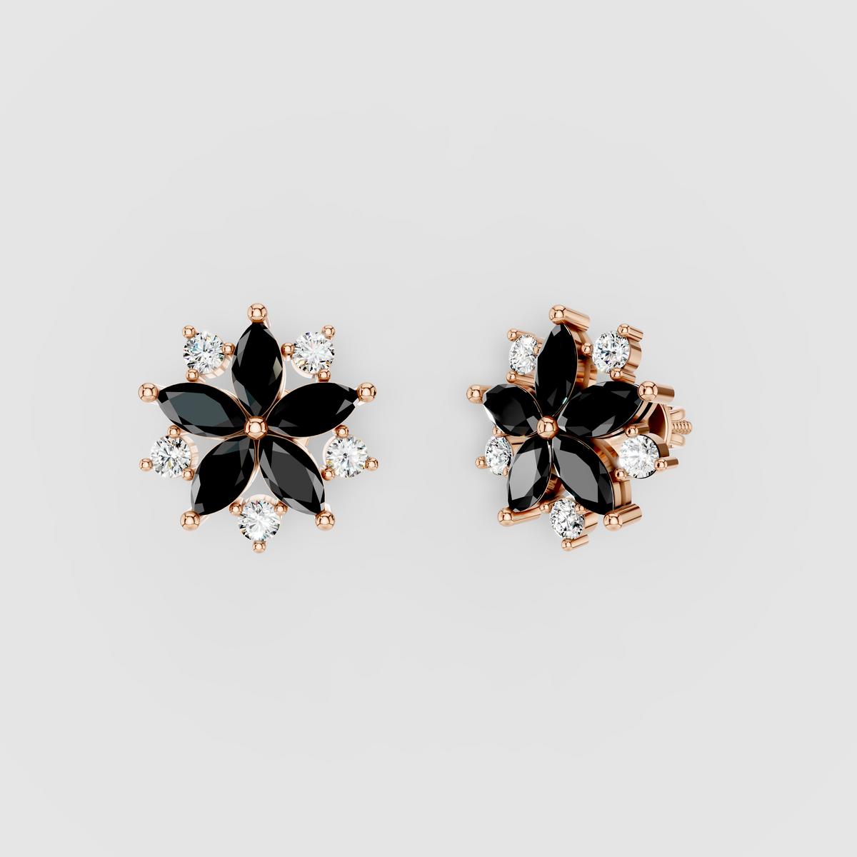 Susan - Black Spinel & Moissanite Flower Earrings in 18K Gold