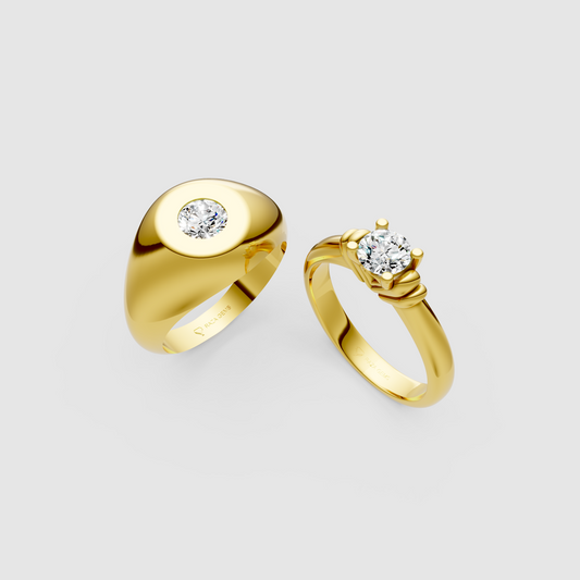 Violet – Modern Moissanite Solitaire & Flush-Set Signet Couple Ring Set in 18KT Gold