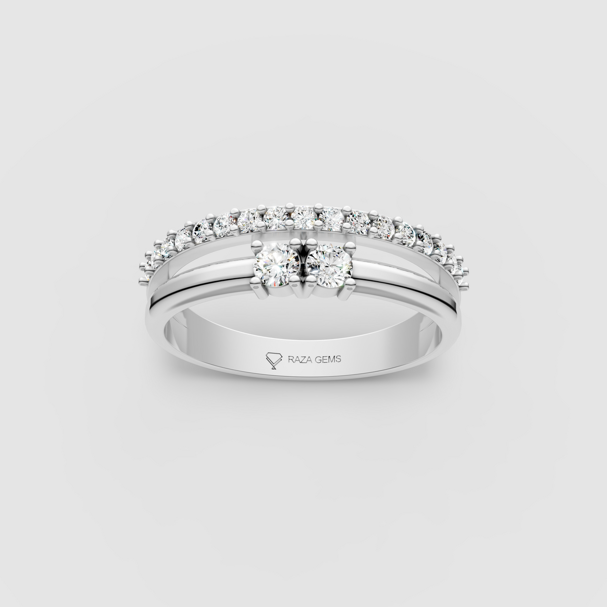 Emily - Two-Stone & Pavé Moissanite Split Band Ring | 18K Yellow, White & Rose Gold