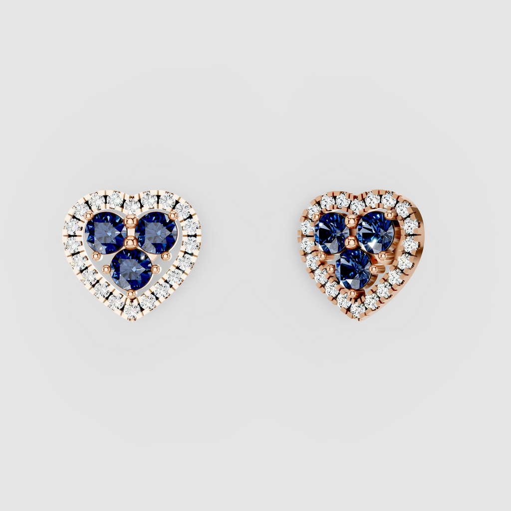 Samantha - Solid 18K Gold Blue Sapphire Trio Heart Stud Earrings