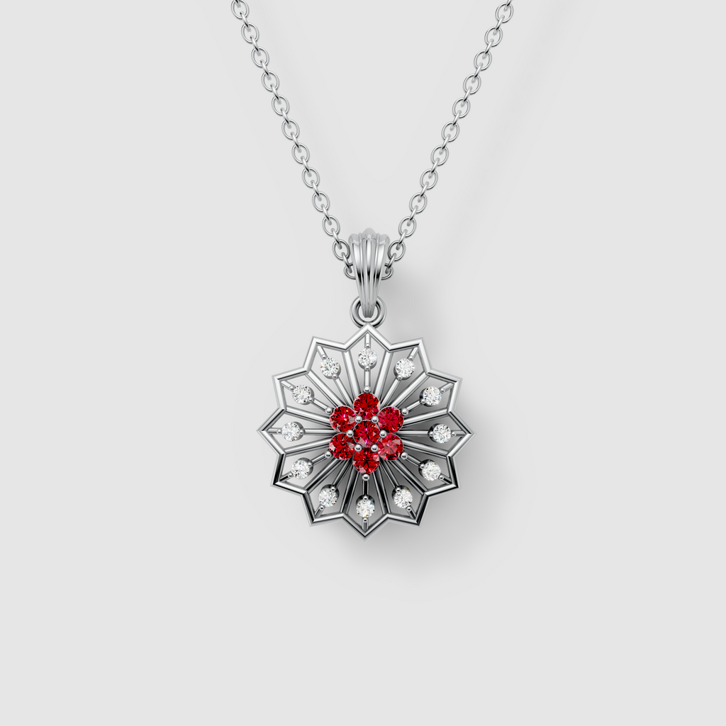 Michelle - Solid 18K Gold Ruby & Moissanite Geometric Starburst Medallion"