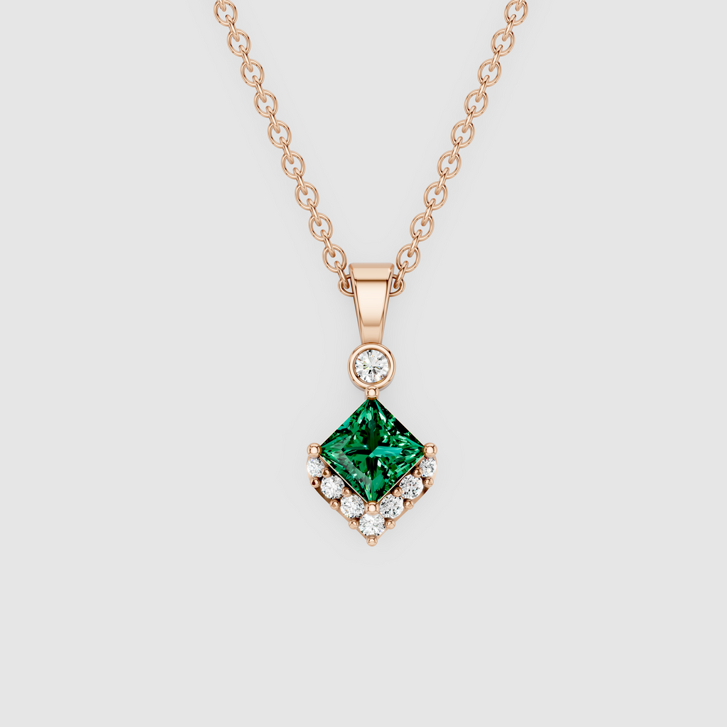 Princess Cut Emerald & Moissanite Pendant in 18K Solid Gold | Yellow, White, Rose Gold
