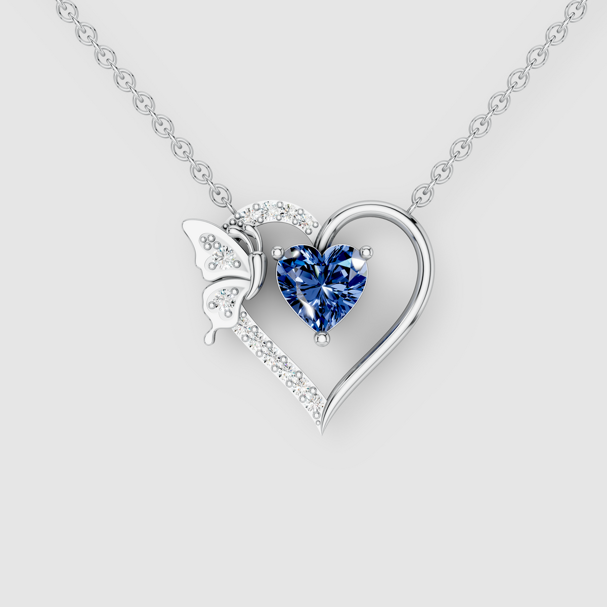 Anna - Solid 18K Gold Heart-Cut Blue Sapphire & Butterfly Drop Pendant"