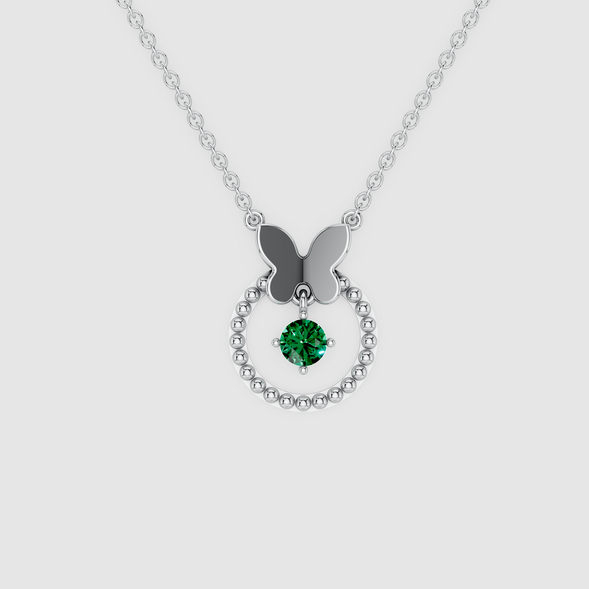 Bella – 18K Gold Butterfly & Beaded Circle Pendant with Hanging Emerald