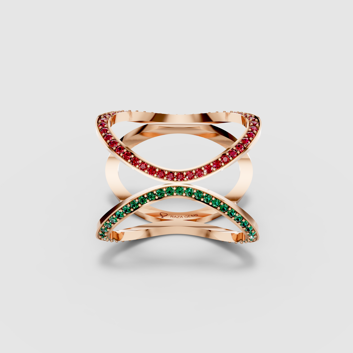 Sophia - 18K Gold Pavé Emerald, Ruby & Moissanite Cage Ring