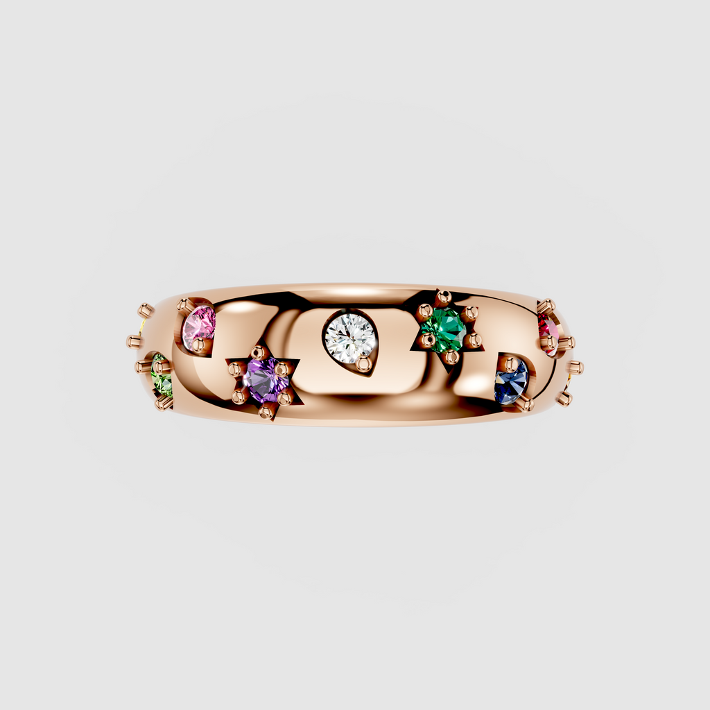 Maisie – Starburst Multi-Color Gemstone Dome Band in 18KT Gold