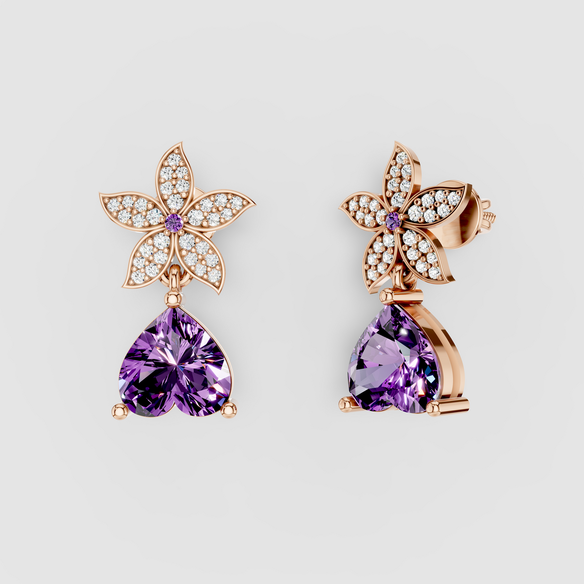 Emma - Regal Bloom 18K Gold Amethyst Heart and Sparkling Moissanite Dangle Earrings