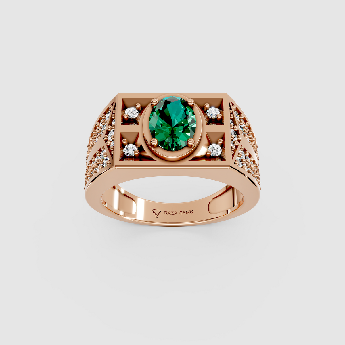 Arabella – Oval Emerald Men's Ring with Moissanite Accents in 18KT Gold