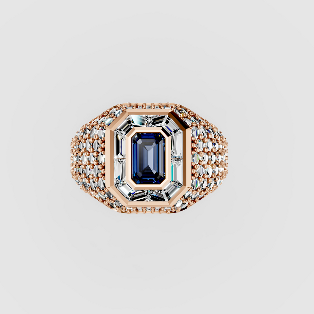 Adeline - Solid 18K Gold Emerald-Cut Sapphire with Baguette & Pavé Moissanite Halo Ring