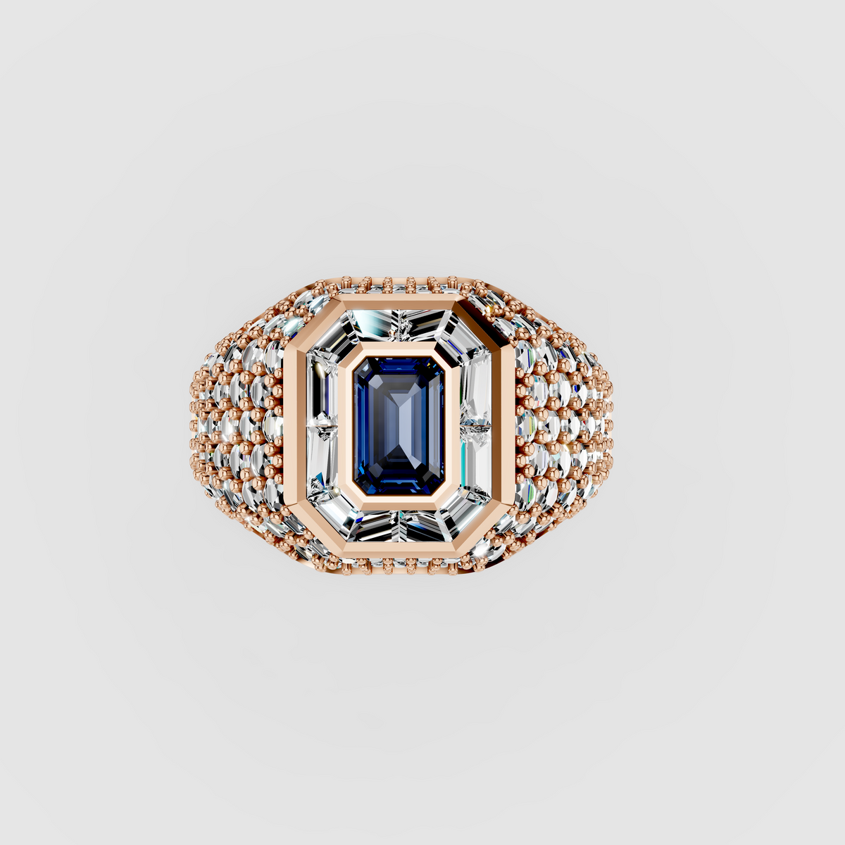 Adeline - Solid 18K Gold Emerald-Cut Sapphire with Baguette & Pavé Moissanite Halo Ring