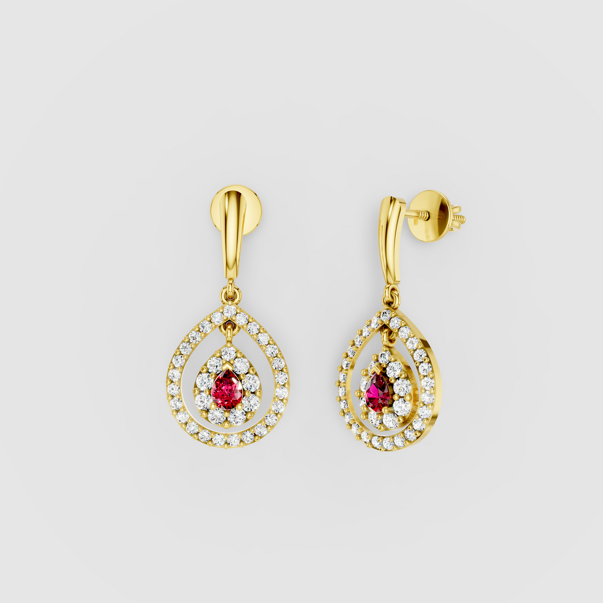 Jennifer - 18K Gold Pear Ruby & Double Moissanite Halo Teardrop Drop Earrings"