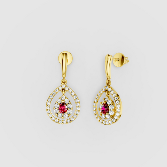 Jennifer - 18K Gold Pear Ruby & Double Moissanite Halo Teardrop Drop Earrings"