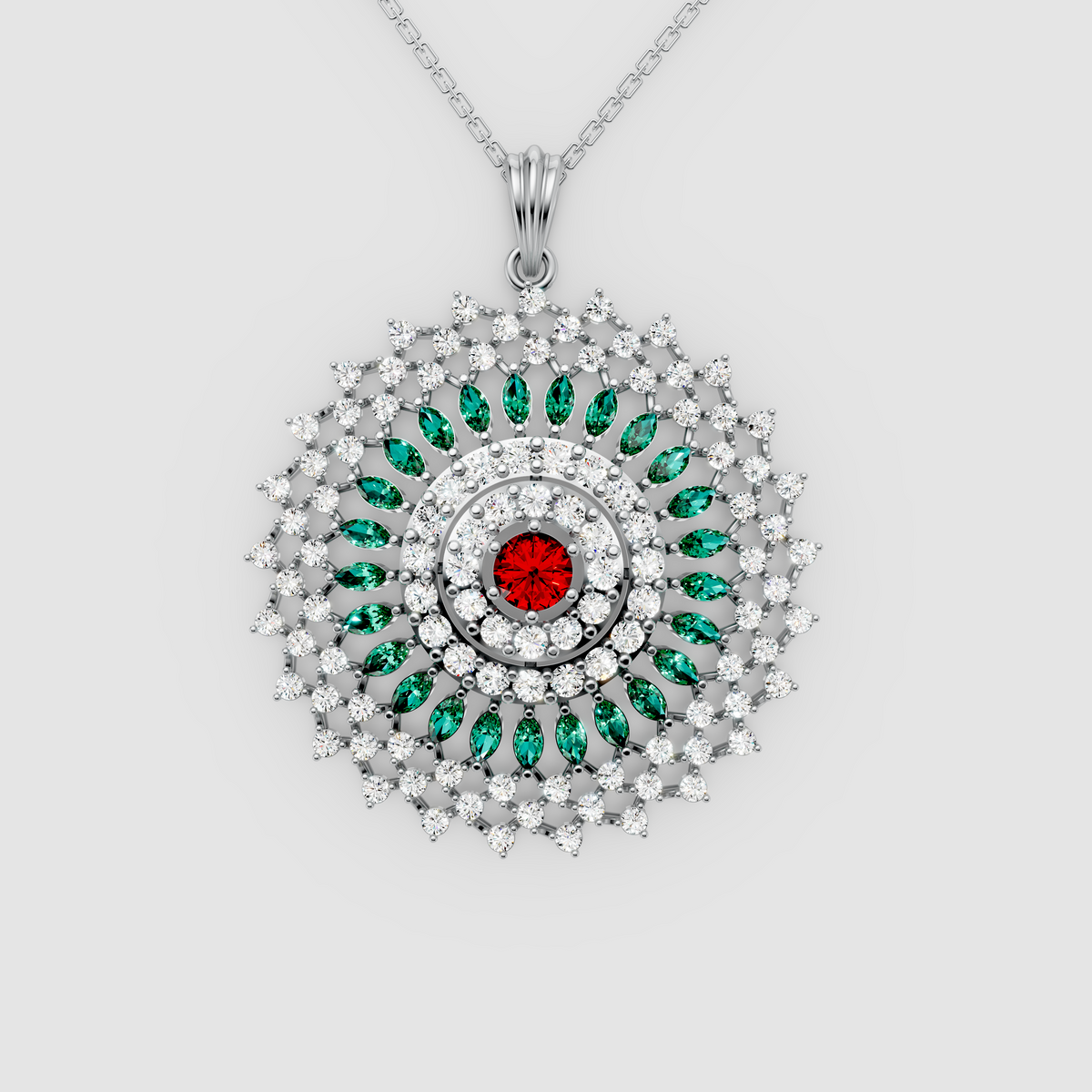 Imperia – 18K Gold Royal Rosette Medallion Pendant with Ruby, Emerald & Moissanite