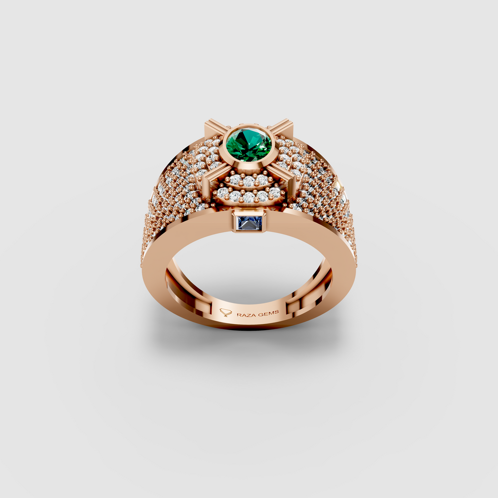 Camille - Solid 18K Gold Round Emerald, Moissanite Pavé & Blue Sapphire Ring