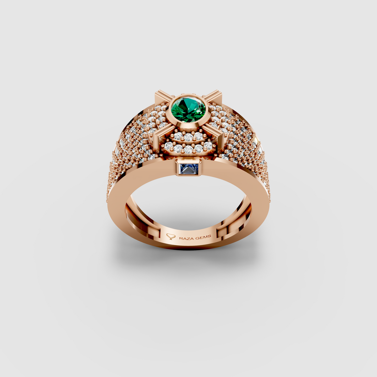 Camille - Solid 18K Gold Round Emerald, Moissanite Pavé & Blue Sapphire Ring