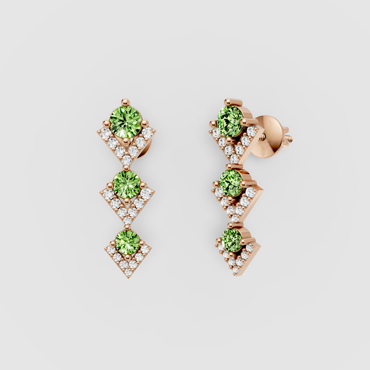 Ashley - 18K Gold Three-Tier Peridot & Geometric Moissanite Drop Earrings"