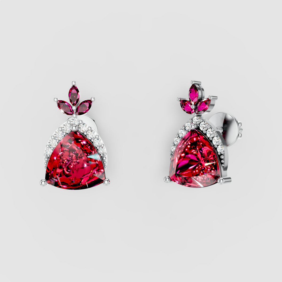 Dorothy - 18K Gold Trillion Red Garnet & Sparkling Moissanite Studs"