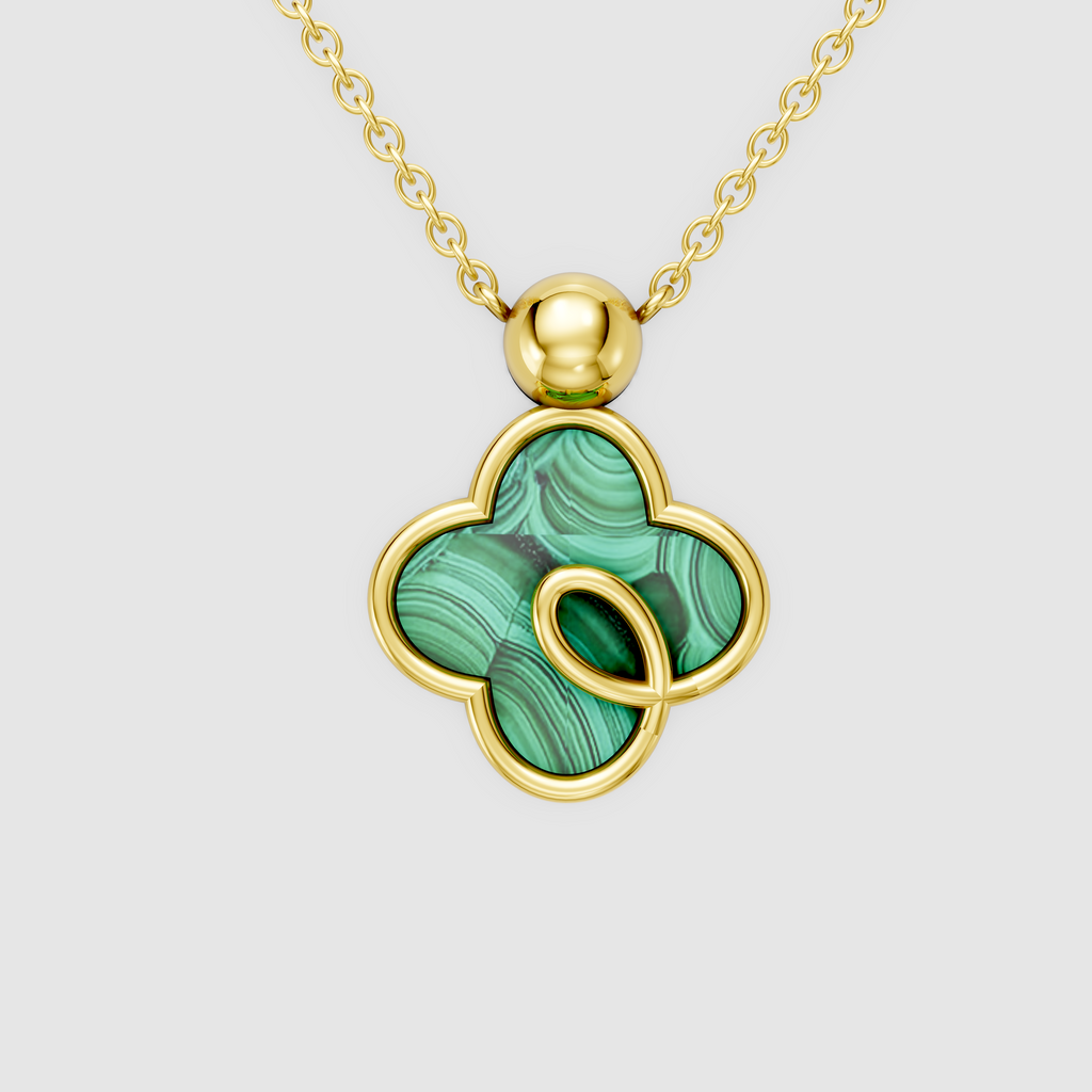 Grace – Natural Malachite Clover Pendant with Gold Loop Accent in 18KT Gold