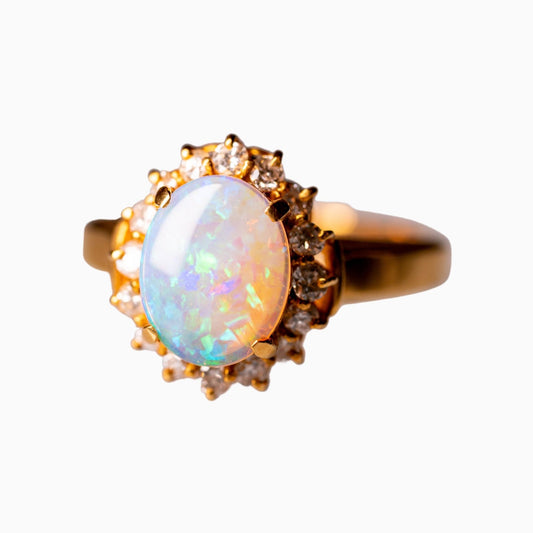 Natural Opal Stone with Moissanite/ 18K Yellow Gold Ring (RING0048)