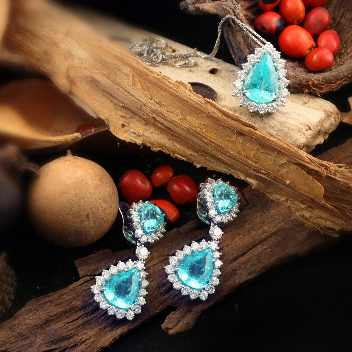 Blue Topaz Pear Shape With Moissanite In Pure Silver 925 Earring And Pendent (EAR0680)