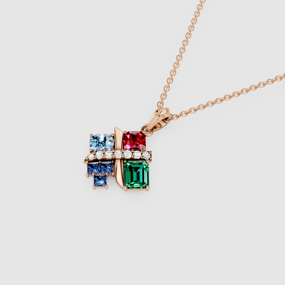 Iris – 18K Gold Multi-Gemstone Mosaic Pendant with Emerald, Ruby, Blue Sapphire, Sky Blue Topaz & Moissanite