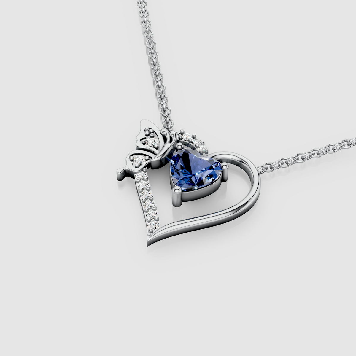 Anna - Solid 18K Gold Heart-Cut Blue Sapphire & Butterfly Drop Pendant"