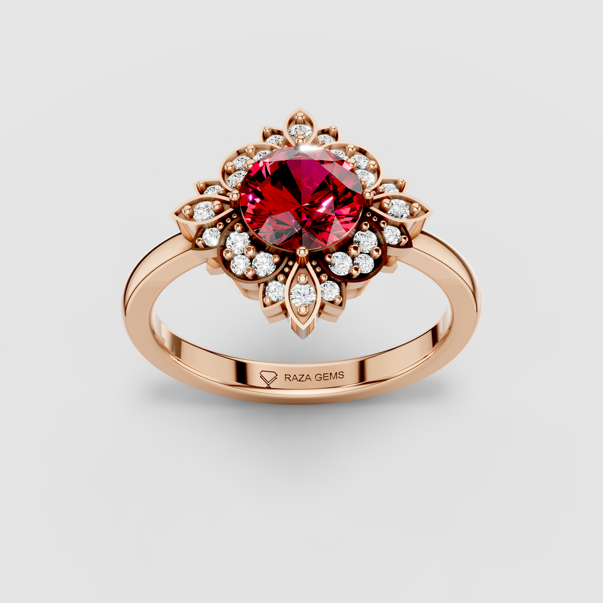 Grace – Round Ruby & Moissanite Petal Halo Ring in 18KT Gold