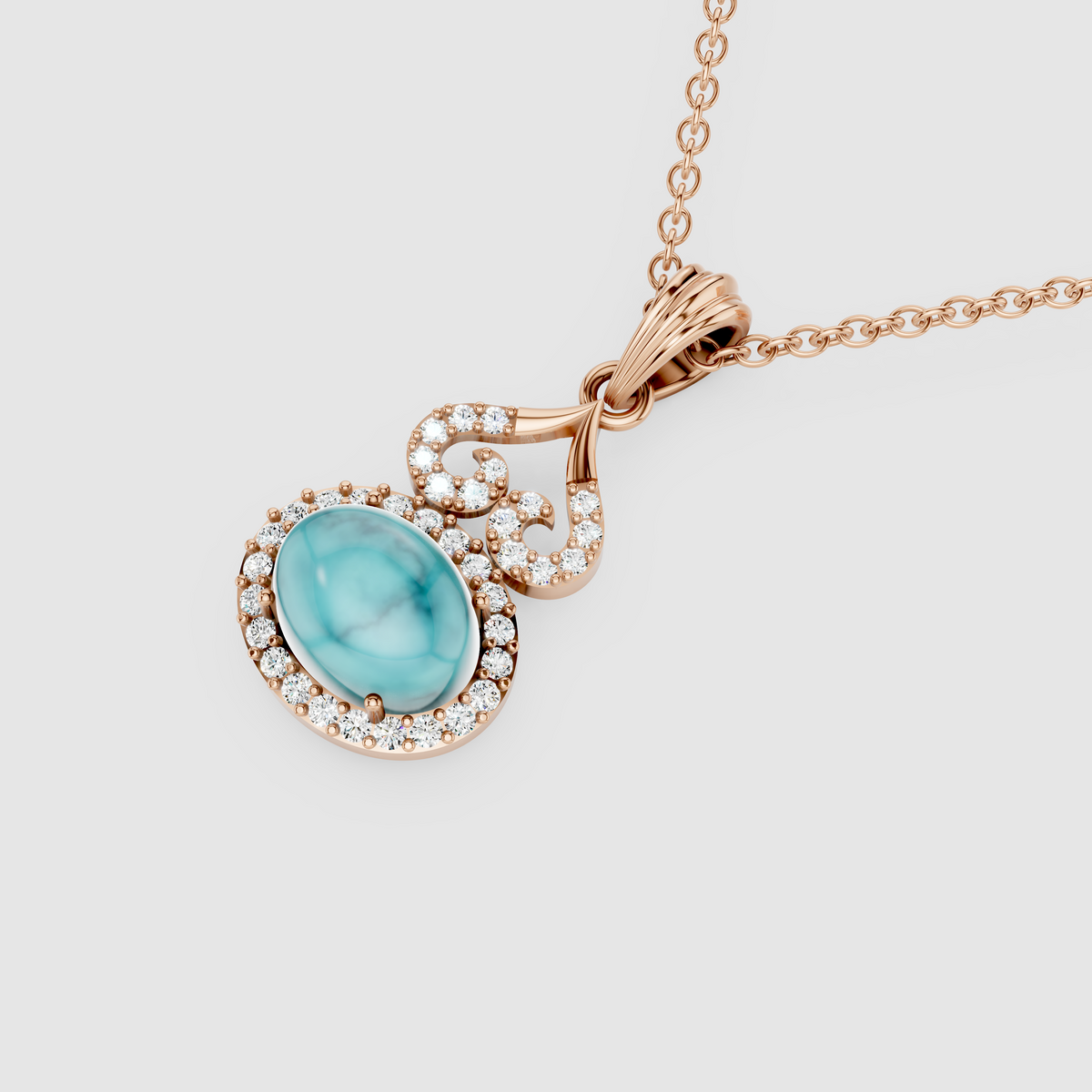 Jasmine – 18K Gold Oval Turquoise (Firoza) & Moissanite Halo Vintage Scroll Pendant