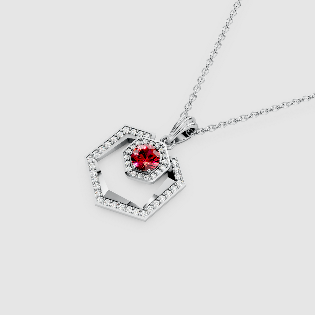 Scarlett – 18K Gold Geometric Double Hexagon Ruby & Moissanite Halo Pendant