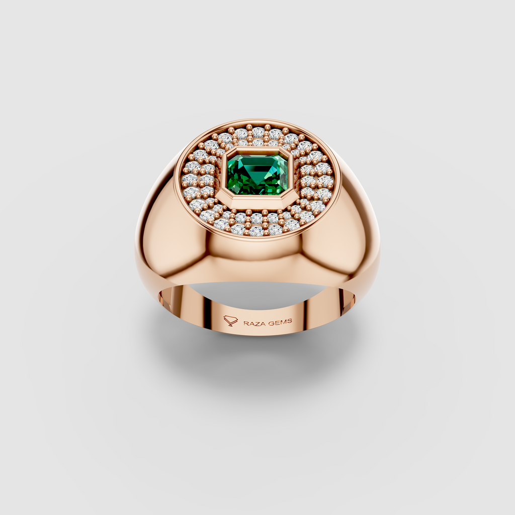 Sophia - 18K Gold Emerald & Circular Moissanite Halo Dome Rin