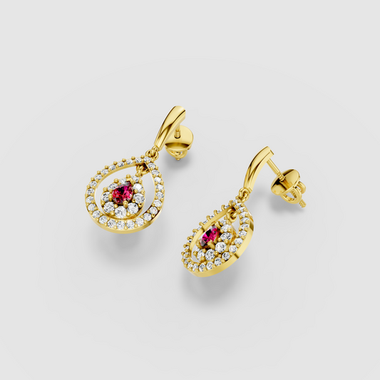 Jennifer - 18K Gold Pear Ruby & Double Moissanite Halo Teardrop Drop Earrings"